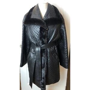 Fantazia New York Black Quilted Leather Tie Waist Coat with Fur Trim Women's SM